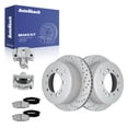 thumbnail image 1 of AutoShack Rear Brake Rotors, Ceramic Pads & Calipers for Toyota, Tundra 2007-2016 - Coated Drilled & Slotted - Silver Matte Finish - TurboGuard - 13.58" (345 mm), 5+5-Lug, 1 of 5
