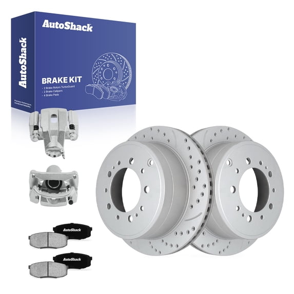 AutoShack Rear Brake Rotors, Ceramic Pads & Calipers for Toyota, Tundra 2007-2016 - Coated Drilled & Slotted - Silver Matte Finish - TurboGuard - 13.58" (345 mm), 5+5-Lug