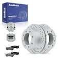 thumbnail image 1 of AutoShack Rear Vented Drilled & Slotted Coated Brake Rotors Silver Matte Finish + Ceramic Pads + Calipers 8-PC Brake Kit Replacement for 2001-2010 GMC Sierra 2500 HD TurboGuard 12.99" (330 mm), 1 of 5