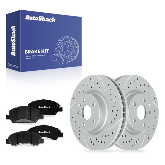 AutoShack Front Vented Drilled & Slotted Coated Brake Rotors Silver Matte Finish + Ceramic Pads 6-PC Brake Kit Replacement for 2013-2019 Cadillac XTS TurboGuard 13.57" (344.8 mm)