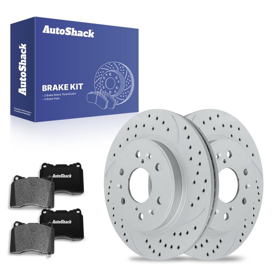 AutoShack 12.98" (329.8 mm) Front Vented Drilled & Slotted Brake Rotors Coated + Ceramic Brake Pads | Replacement for 2013-2019 Cadillac XTS | Silver Matte Finish | 6-PC Brake Kit | TurboGuard