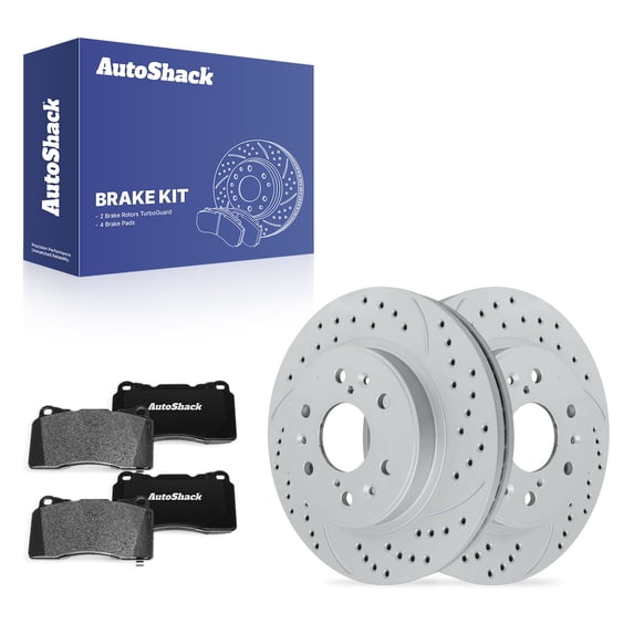 AutoShack Front Vented Drilled & Slotted Coated Brake Rotors Silver Matte Finish + Ceramic Pads 6-PC Brake Kit Replacement for 2013-2019 Cadillac XTS TurboGuard 12.99" (329.9 mm)