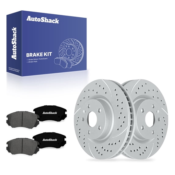 AutoShack Front Brake Rotors & Premium Pads for Buick, Regal 2014-2015, 2017, AWD FWD L4 2.0L - Coated Drilled & Slotted - Silver Matte Finish - TurboGuard - 13.57" (344.8 mm), 5-Lug