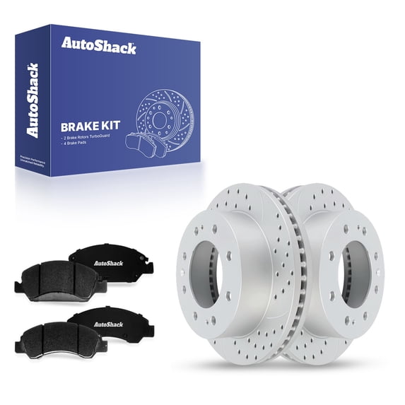 AutoShack Front Vented Drilled & Slotted Coated Brake Rotors Silver Matte Finish + Premium Ceramic Pads 6-PC Brake Kit Replacement for 2017-2019 Chevrolet Suburban TurboGuard 13.99" (355.3 mm)