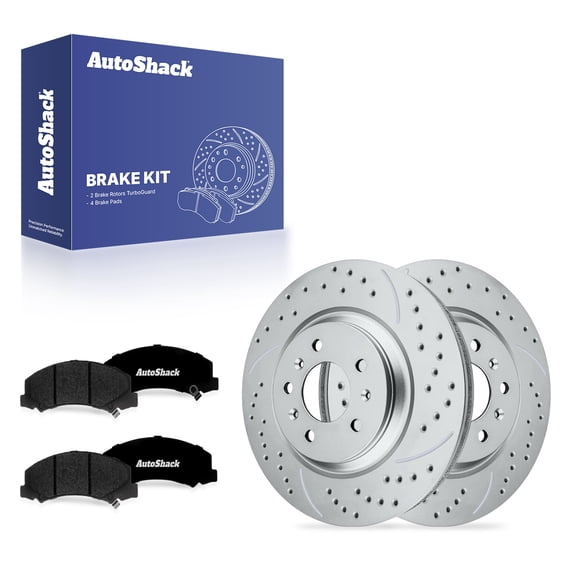 AutoShack Front Brake Rotors & Premium Pads for Chevrolet, Impala 2012-2013, FWD V6 3.6L - Coated Drilled & Slotted - Silver Matte Finish - TurboGuard - 12.72" (323.2 mm), 5-Lug