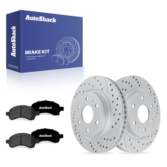 AutoShack Front Vented Drilled & Slotted Coated Brake Rotors Silver Matte Finish + Premium Ceramic Pads 6-PC Brake Kit Replacement for 2007-2016 GMC Acadia TurboGuard 12.8" (325 mm)