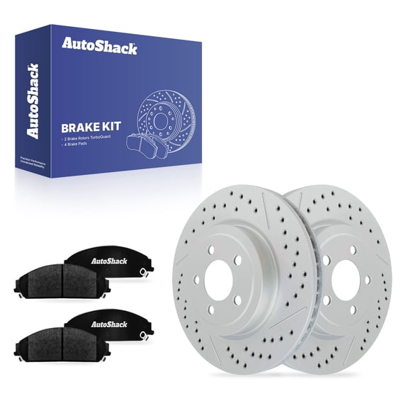 AutoShack Front Brake Rotors & Ceramic Pads for Dodge, Charger 2006-2023, AWD RWD V6 3.5L 3.6L V8 5.7L - Coated Drilled & Slotted - Silver Matte Finish - TurboGuard - 13.57" (344.8 mm), 5-Lug