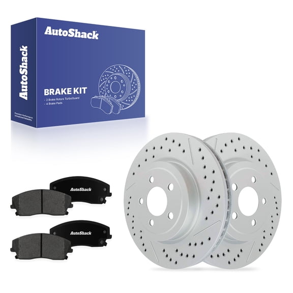 AutoShack Front Brake Rotors & Premium Pads for Dodge, Charger 2010, 2012-2013, 2017-2018, 2021-2023 - Coated Drilled & Slotted - Silver Matte Finish - TurboGuard - 13.57" (344.8 mm), 5-Lug