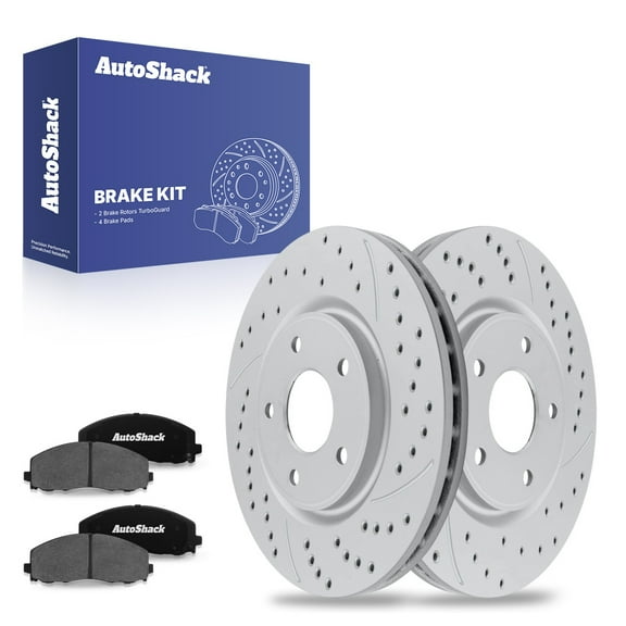 AutoShack Front Vented Drilled & Slotted Coated Brake Rotors Silver Matte Finish + Ceramic Pads 6-PC Brake Kit Replacement for 2012-2020 Dodge Grand Caravan TurboGuard 13.03" (331 mm)