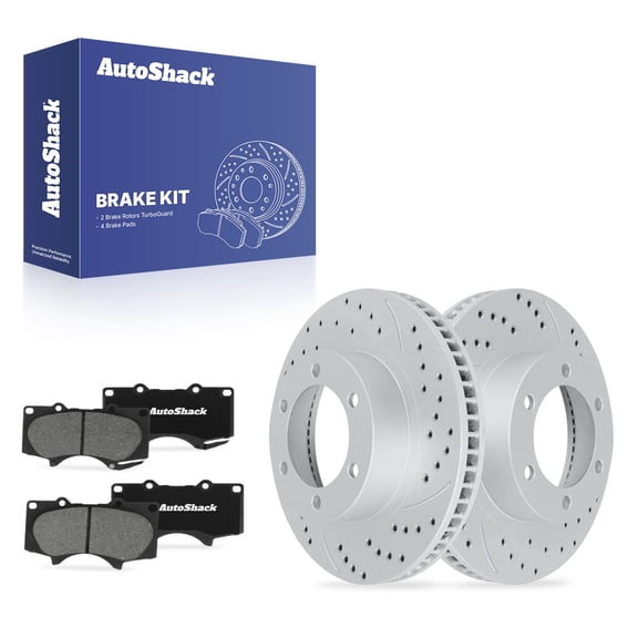 AutoShack Front Brake Rotors & Ceramic Pads for Toyota, Tacoma 2005-2023, 4WD RWD L4 2.7L V6 3.5L 4.0L - Coated Drilled & Slotted - Silver Matte Finish - TurboGuard - 12.55" (318.7 mm), 6-Lug