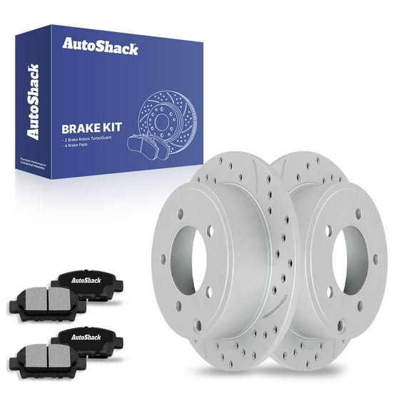 AutoShack 10.31" (262 mm) Rear Solid Drilled & Slotted Brake Rotors Coated + Ceramic Brake Pads | Replacement for 2007-2017 Jeep Patriot | Silver Matte Finish | 6-PC Brake Kit | TurboGuard