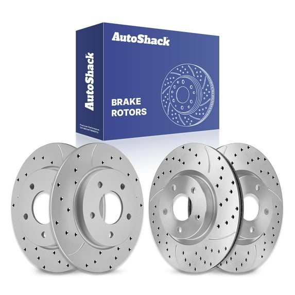 AutoShack Front Vented & Rear Solid Drilled & Slotted Coated Brake Rotors Silver Matte Finish 4-PC Set Replacement for 2004-2012 Mazda 3 2009-2013 Mazda 3 Sport TurboGuard