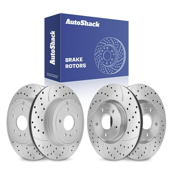AutoShack Front & Rear Brake Rotors for Chevrolet & GMC, Equinox 2010-2017 Terrain 2010-2017, AWD FWD L4 2.4L V6 3.0L 3.6L - Coated Drilled & Slotted - Silver Matte Finish - TurboGuard