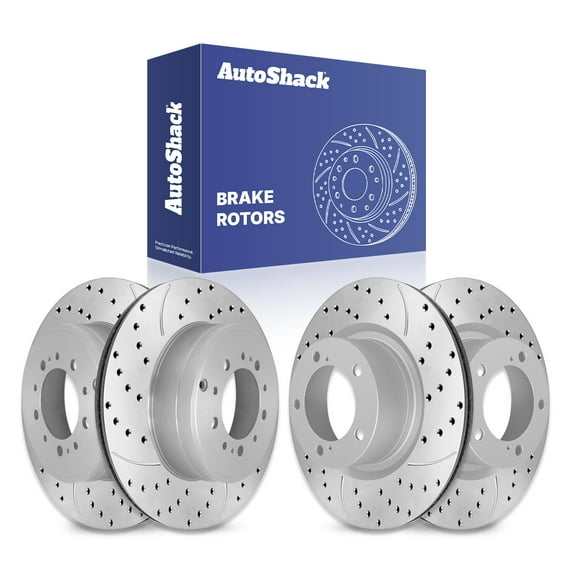 AutoShack Front & Rear Brake Rotors for Toyota, Tundra 2007-2021 Sequoia 2008-2022, 4WD RWD V6 4.0L V8 4.6L 4.7L 5.7L - Coated Drilled & Slotted - Silver Matte Finish - TurboGuard