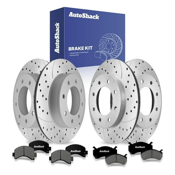 AutoShack Front Vented & Rear Vented Drilled & Slotted Coated Brake Rotors Silver Matte Finish + Premium Ceramic Pads 12-PC Brake Kit Replacement for 2004-2005 GMC Savana 2500 TurboGuard