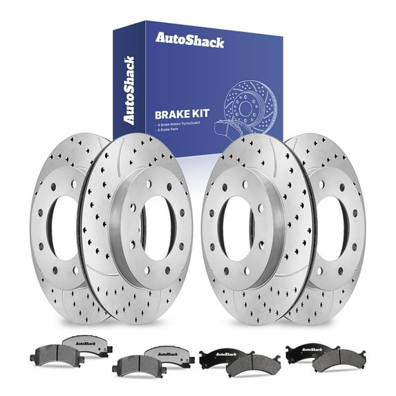 AutoShack Front & Rear Brake Rotors & Ceramic Pads for Chevrolet, Express 2500 2003-2017, RWD AWD L4 2.8L V6 4.3L V8 4.8L 5.3L 6.0L 6.6L - Coated Drilled & Slotted - Silver Matte Finish - TurboGuard