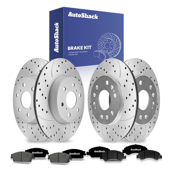 AutoShack Front Vented & Rear Vented Drilled & Slotted Coated Brake Rotors Silver Matte Finish + Premium Ceramic Pads 12-PC Brake Kit Replacement for 2007-2013 Chevrolet Silverado 1500 TurboGuard