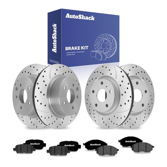 AutoShack Front & Rear Brake Rotors & Ceramic Pads for Nissan & INFINITI, Murano 2011-2014 M37 2011-2013, AWD RWD FWD V6 3.5L 3.7L - Coated Drilled & Slotted - Silver Matte Finish - TurboGuard
