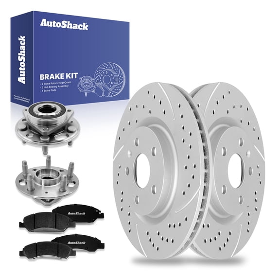 AutoShack Front Drilled & Slotted Brake Rotors Ceramic Brake Pads Wheel Bearing Hub Assembly | Replacement for 2013-2016 Cadillac XTS 3.6L AWD FWD | Silver Matte Finish | 8-PC Brake Kit | TurboGuard