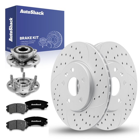 AutoShack Front Vented Drilled & Slotted Coated Brake Rotors Silver Matte Finish + Premium Ceramic Pads + Hub Bearing Assembly 8-PC Brake Kit Replacement for 2011 Saab 9-5 TurboGuard 12.64" (321 mm)
