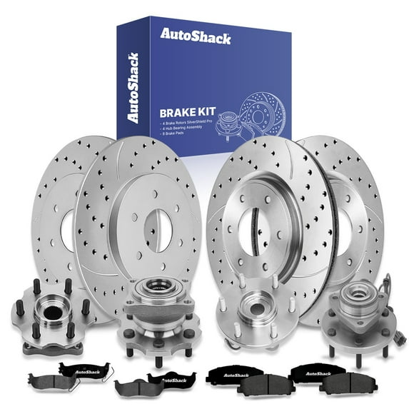 AutoShack Front Vented & Rear Solid Drilled & Slotted Silver Zinc Coated Brake Rotors + Ceramic Pads + Hub Bearing Assembly 16-PC Brake Kit Replacement for 2007 Nissan Armada SilverShield Pro