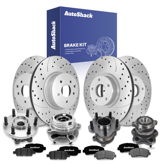 AutoShack Front & Rear Brake Rotors, Ceramic Pads & Hub Bearing Assemblies for Nissan, Maxima 2009-2014, 2016-2019, FWD V6 3.5L - Silver Zinc Coated Drilled & Slotted - SilverShield Pro