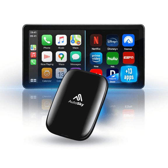 AutoSky AI Box Lite FLEX Wireless CarPlay & Android Auto Adapter  Stream Netflix & YouTube in Your Car, Plug & Play Smart AI Box for Factory Wired CarPlay Vehicles