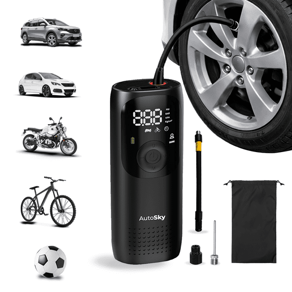 AutoSky Portable Tire Inflator AAC-301 150 PSI Cordless Air Compressor with Digital Gauge, Auto Shut Off and LED Light for Car Tires, Bikes and Motorcycles
