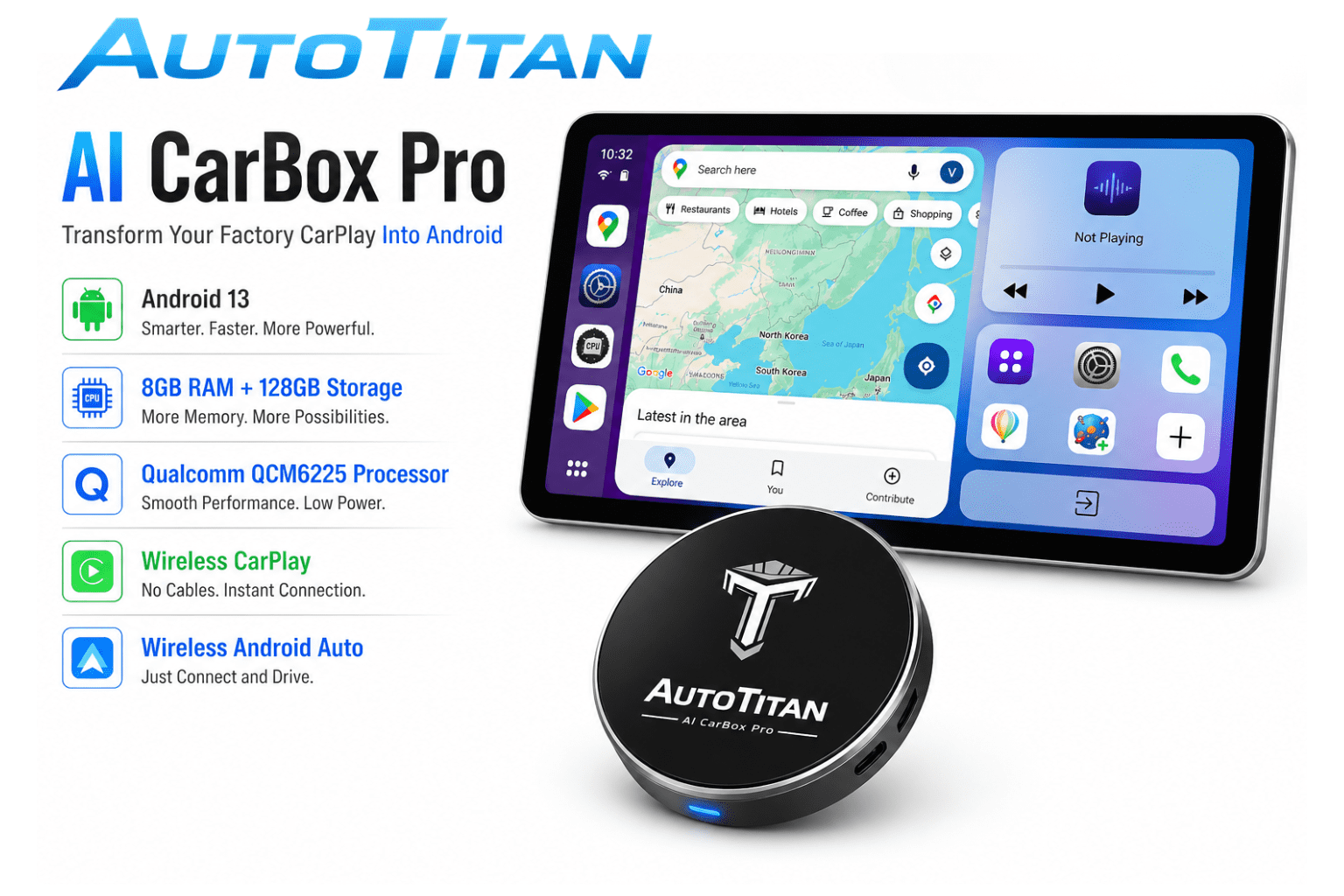 AutoTitan AI CarBox Pro Wireless CarPlay & Android Auto AI Box