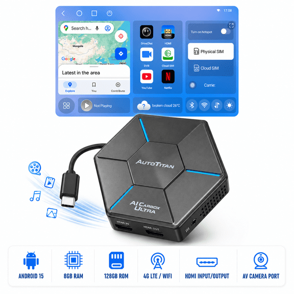 AutoTitan AI CarBox Ultra Wireless CarPlay & Android Auto AI Box, Android 15, 8GB RAM, 128GB Storage, HDMI Input & Output, 4G LTE SIM Support