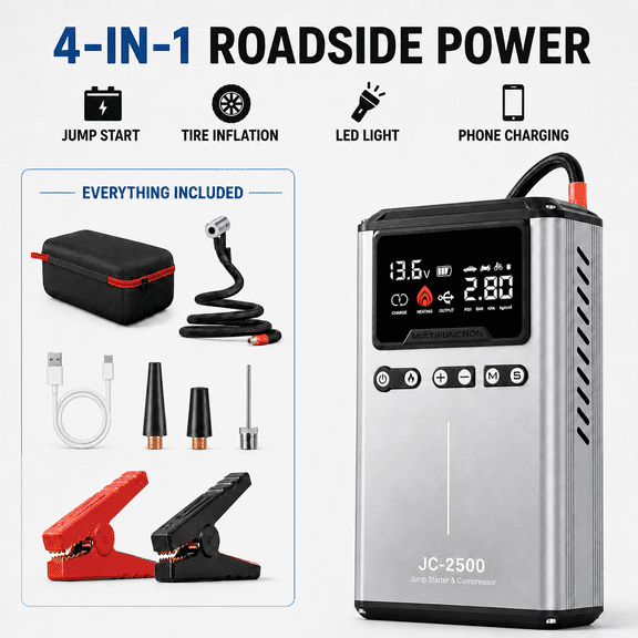 AutoTitan JC-2500 4-in-one 12V 2500A Peak Jump Starter with 145 PSI Air Compressor, LED Light and USB Charging, 32,000 mAh 8-cell LiFePO Battery System