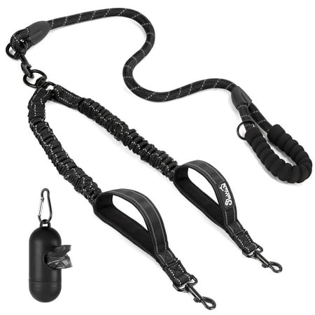 AutoWT Double Dog Leash 90cm Nylon Bungee Reflective Shock-Absorbing Animal Leash, Black