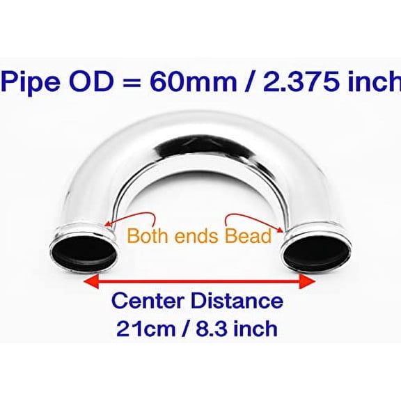 Autobahn88 Aluminum Alloy Pipe, 180-Degree, OD=2.36" (60mm), L=12" (300mm), Glossy Polished, for Automotive Piping