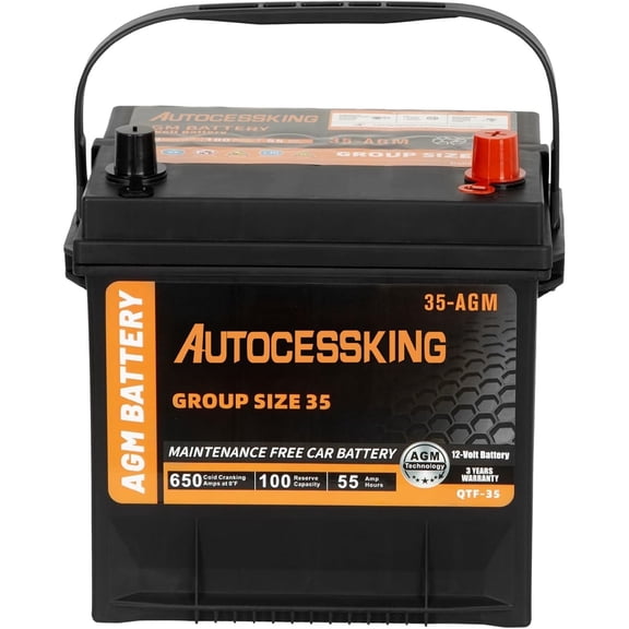 Autocessking Platinum AGM 12V Automotive Battery BIC Group 35 55AH 650 CCA, Premium Maintenance Free AGM Car Batteries Top Post for Cars, 36 Months Warrantly