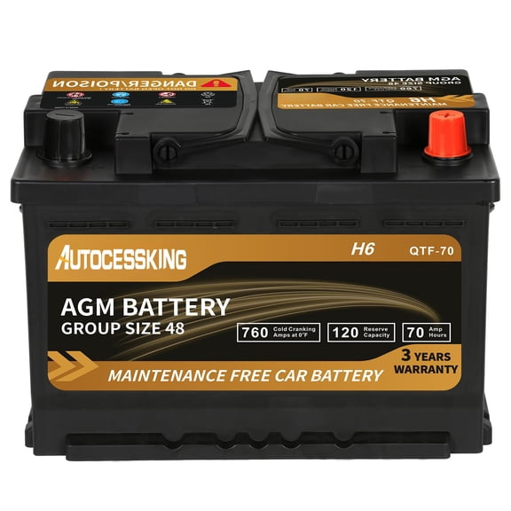 Autocessking Platinum AGM Battery, Group 48 Rechargeable Automotive Batteries for Car, 12 Volt H6 760CCA 70Ah 120RC