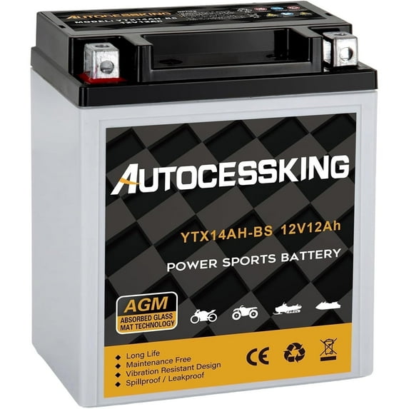 Autocessking YTX14AH-BS Sealed AGM 12V 14AH YTX14AH-BS Motorcycle Battery 210 CCA,ATV Powersport Vehical Battery High Performance Maintenance Free For Hondan Suzuki Kawasaki Yamaha scooter