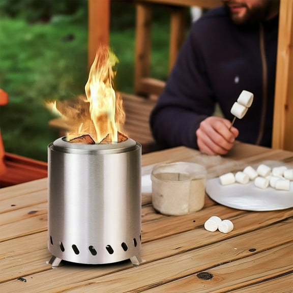 Autoez 8-Inch Smokeless Tabletop Fire Pit with Stand & Removable Ashtray, Stainless Steel Mini Fire Pit for Camping Patio & Outdoor Camping Stove Fueled by Pellets, Wood, Charcoal (Silver)