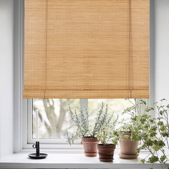 Autoez Cordless Bamboo Roll-Up Window Shades, Natural, 24" x 64"