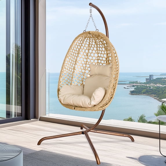 Autoez Indoor Outdoor Hanging Egg Chair with Stand Foldable Swing Egg Chair with Cushion and Pillow Hammock Basket Chair 350lbs Capacity for Patio Bedroom Balcony, Yellow