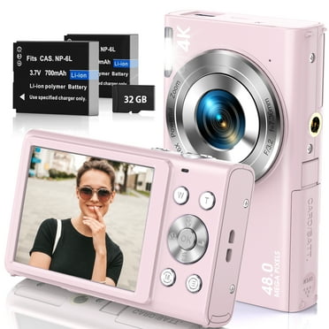 Autofocus 4K Digital Camera, w/ 32GB TF Card 48MP 16X Zoom Webcam Date Stamp Filter Effects, Compact Point and Shoot Vlogging Camera for Teens Beginners, Pink