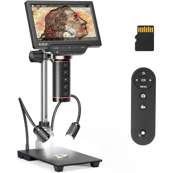 Autofocus Digital Coin Microscope: HDMI Soldering Microscope for Adults EM3K-AF, 3K Magnifier Full View, 7" IPS with Screen, HDMI/USB Output, 10" Stand, Dual Light, 16GB