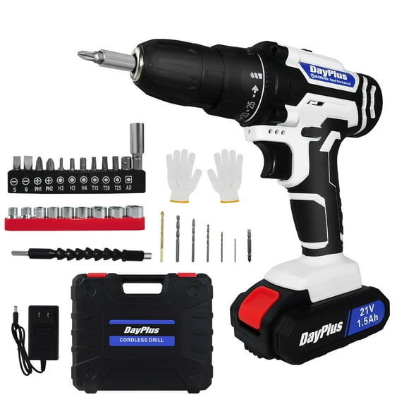 Autofu Cordless Drill Driver Screwdriver 3/8 Inch Chuck 1500mAh Li-ion Battery and Charger, 45N.m, 25+1 Torque Setting 2 Variable Speed, LED Light, Include 29Pcs Accessories and Storage Case