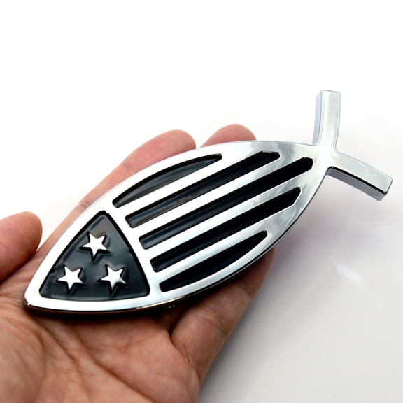 Autogem Chrome Jesus Fish Emblem with USA Flag Universal Fit