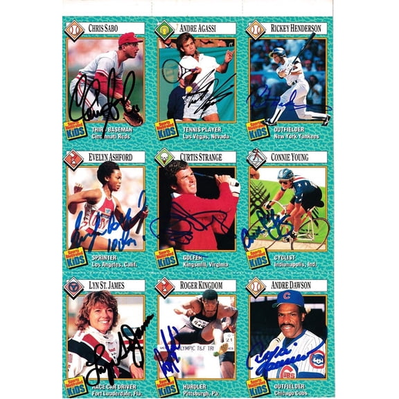 Autographed 1989 Sports Illustrated for Kids card sheet Andre Agassi RC Rickey Henderson Andre Dawson JSA
