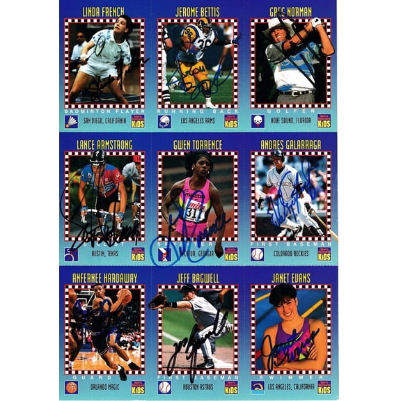 Autographed 1994 SI for Kids card sheet Lance Armstrong Jeff Bagwell Jerome Bettis Penny Hardaway JSA
