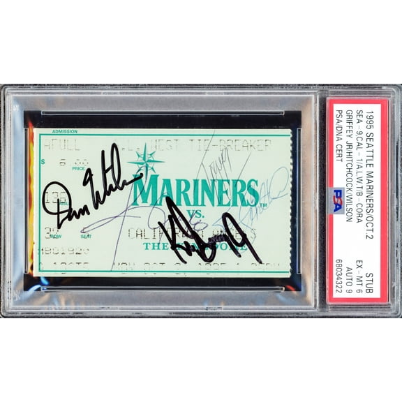 Autographed 1995 AL West Tie Breaker Ticket Stub Seattle Mariners PSA 6 Auto Grade Mint 9 With 4 Signatures Including Ken Griffey Jr. & Dan Wilson PSA/DNA #68034322