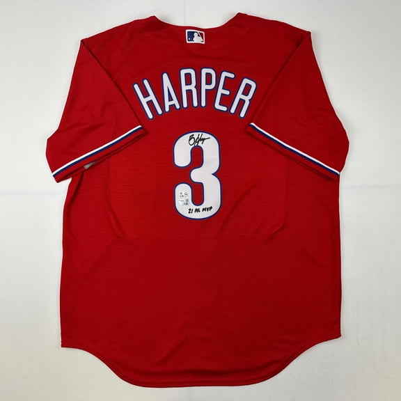 Autographed/Signed Bryce Harper 21 NL MVP Philadelphia Phillies Red Replica Baseball Jersey Fanatics MLB COA