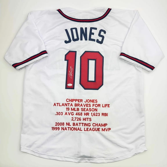 Autographed/Signed Chipper Jones Atlanta White Stat Baseball Jersey JSA COA