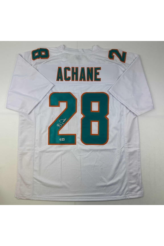 Autographed/Signed De'Von DeVon Achane Miami White Football Jersey Beckett BAS COA