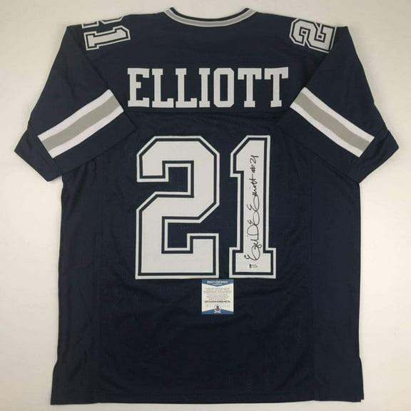 Autographed/Signed Ezekiel Elliott Dallas Dark Blue Football Jersey Beckett BAS COA